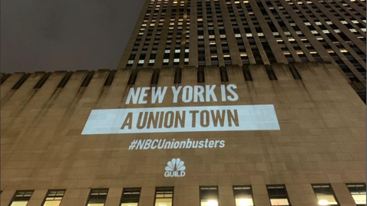 NBC union projects graphics on 30 Rock accusing leadership of stalling on contract [Video]